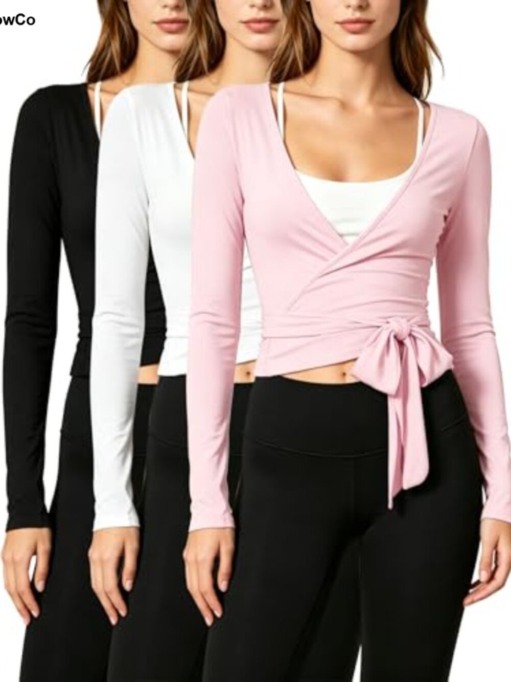 3 Pack Women Tie Wrap Top Long Sleeve Ballet Pilates Workout Shirt